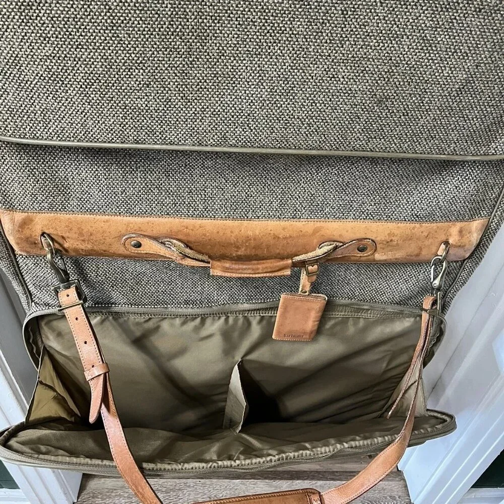 EUC Hartmann Vintage 80s Brown Tweed Garment Bag Leather Trim Travel Luggage